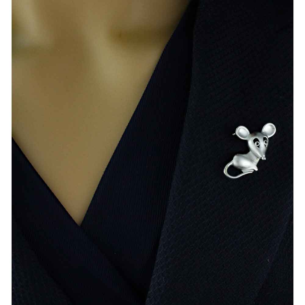 Matte Silver - tone Mouse with Black Eyes Brooch Pin - PRA015A - Lilylin Designs