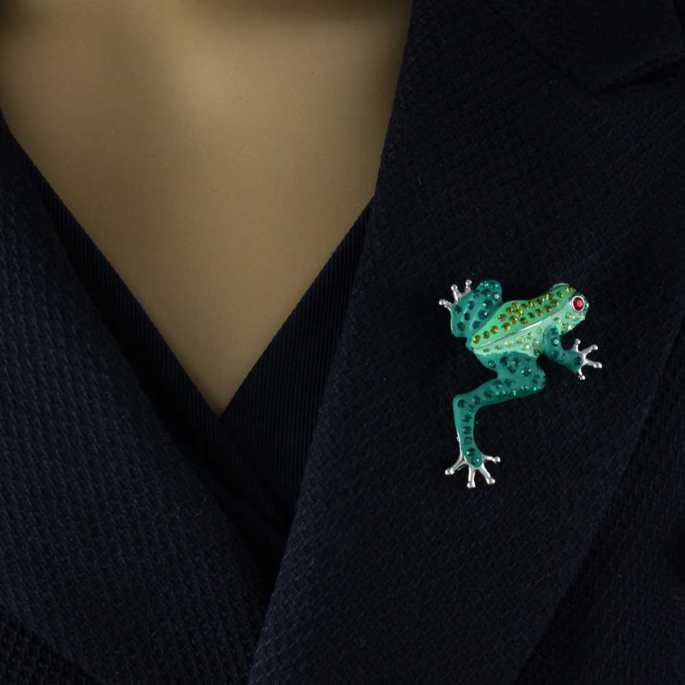 Dark and Light Green Enamel and Crystal Frog Brooch Pin - PRA022D - Lilylin Designs