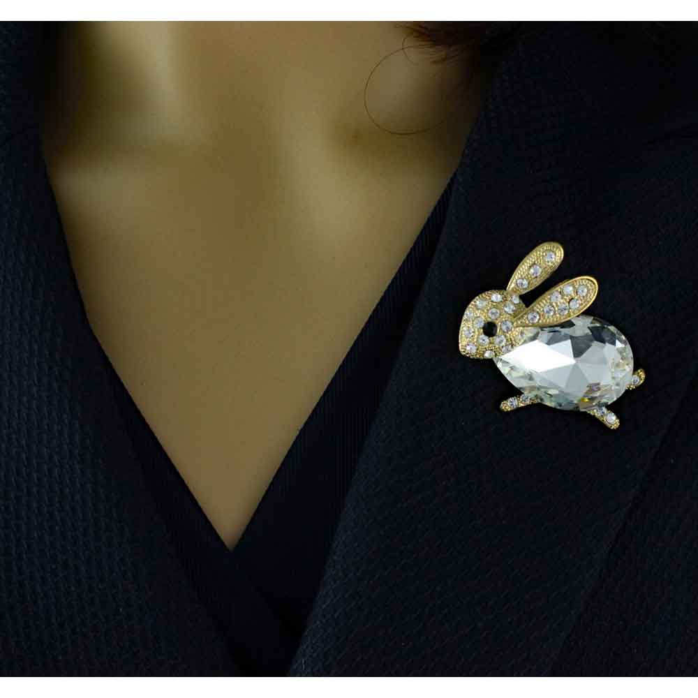 Bunny with Large Clear Glass and Crystals Brooch Pin