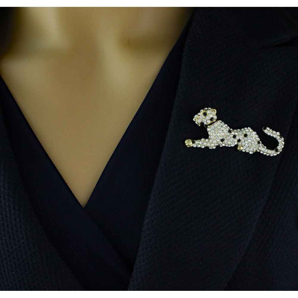 Cheetah Brooch Pin with Black and Clear Crystal Spots - PRA401 - Lilylin Designs