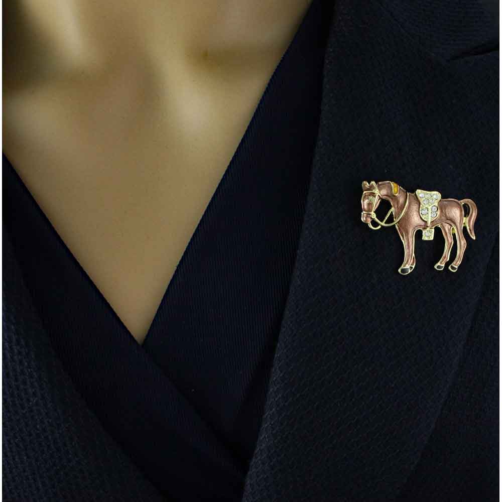 Brown Enamel Horse with Crystal Saddle Brooch Pin - PRA418D - Lilylin Designs
