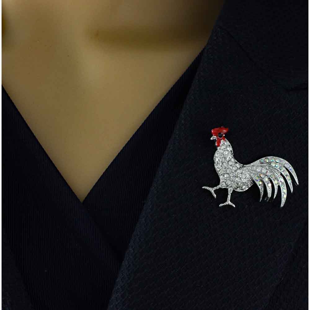 Rooster Brooch Pin with Clear Crystals - PRA509 - Lilylin Designs