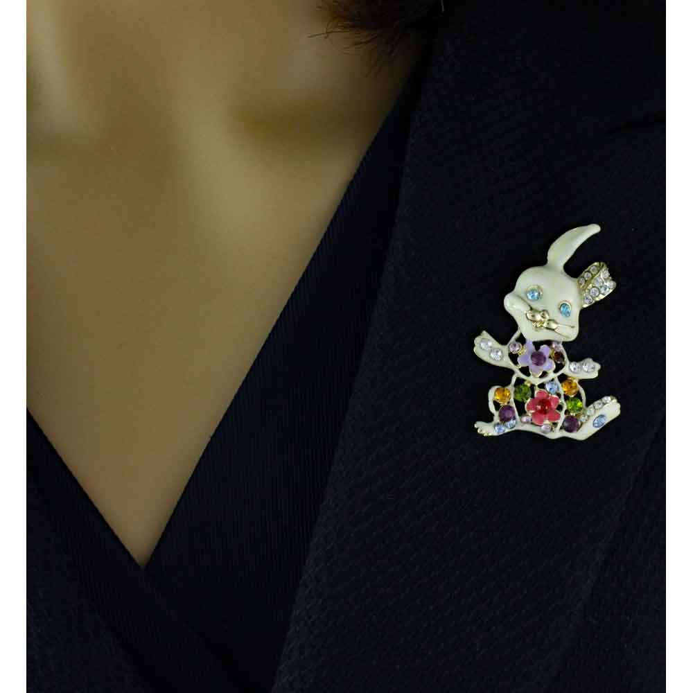 White Enamel Jeweled Belly Easter Bunny Brooch Pin - PRA512B - Lilylin Designs