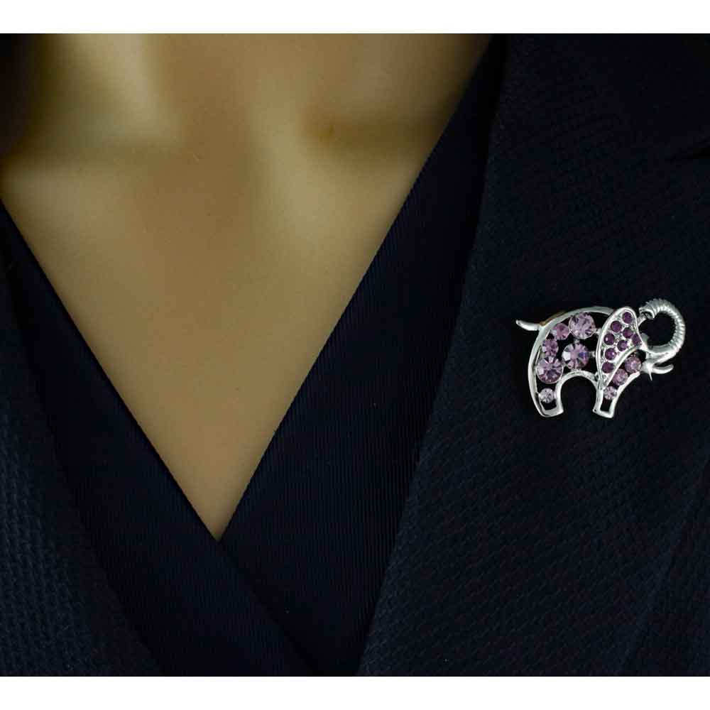 Purple Crystal Elephant with Raised Trunk Brooch Pin - PRA536A - Lilylin Designs