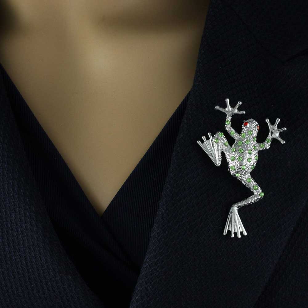 Light Green Crystal Leaping Frog with Red Eyes Brooch Pin - PRA622 - Lilylin Designs