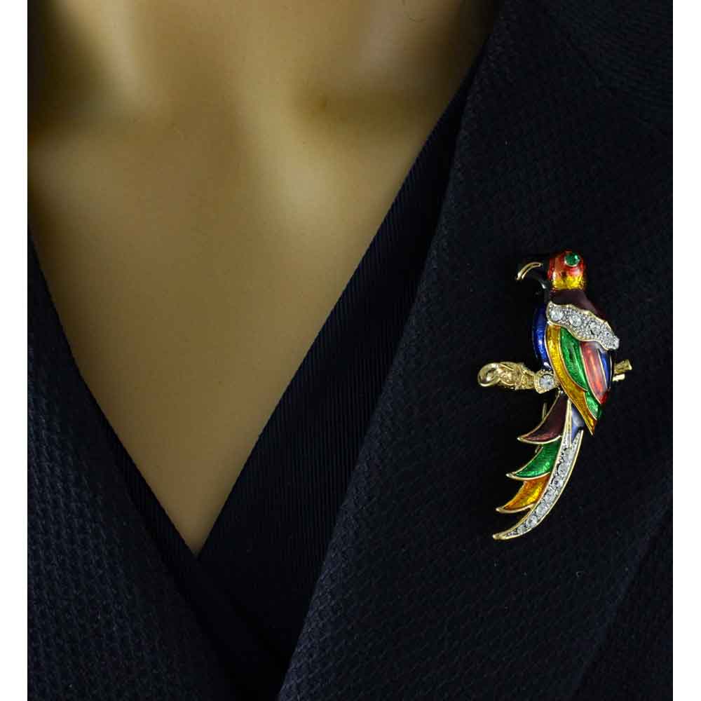 Parrot Brooch Pin with Colorful Dark Enamel and Crystals - PRB027 - Lilylin Designs