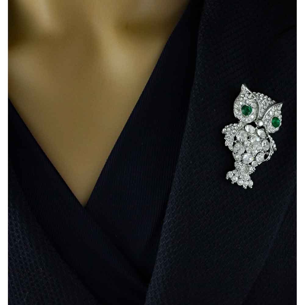 Large Crystal Owl Brooch Pin with Green Crystal Eyes - PRB116 - Lilylin Designs