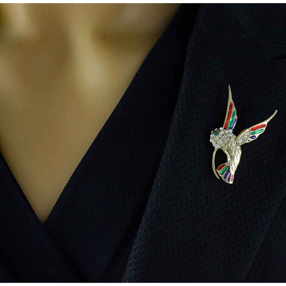 Enamel and Crystal Wings Hummingbird Brooch Pin - PRB158G - Lilylin Designs