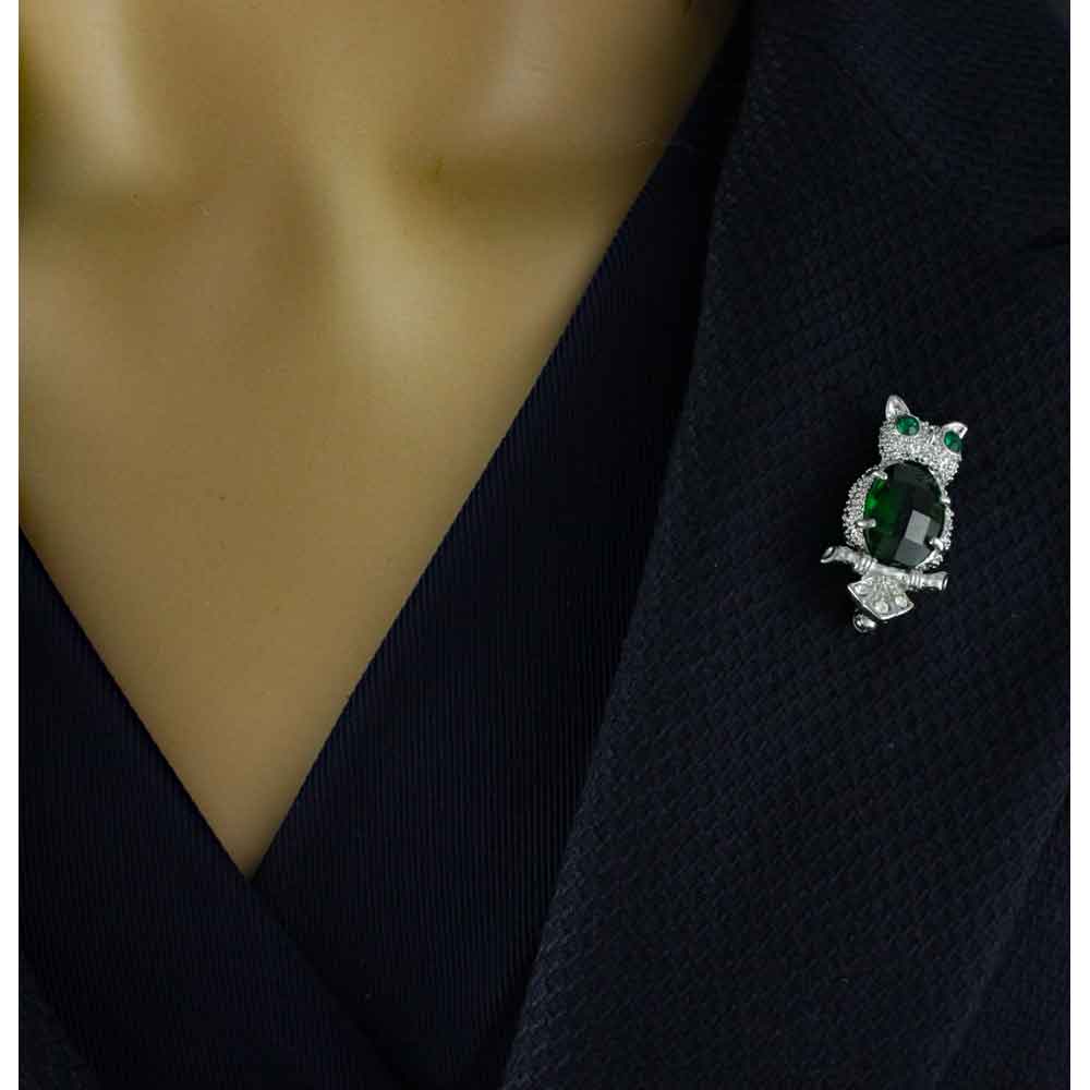 Green Belly Owl with Green Crystal Eyes Brooch Pin - PRB211 - Lilylin Designs