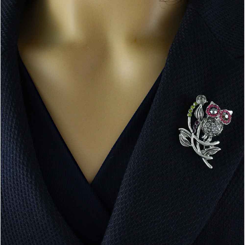 Owl with Fuchsia and Gray Crystal Eyes Brooch Pin - PRB211G - Lilylin Designs