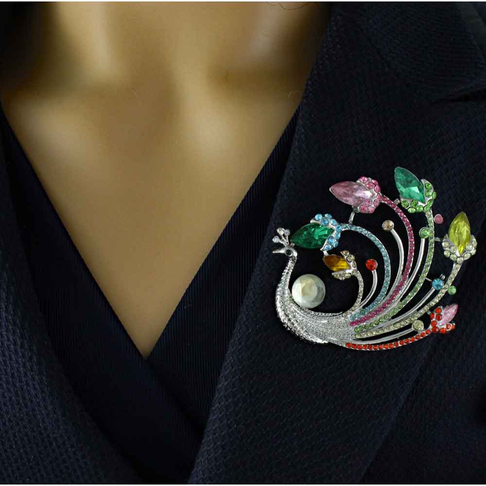 Large Peacock with Pastel Crystals Brooch Pin - PRB247 - Lilylin Designs