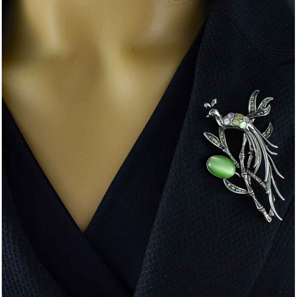 Peacock with Cats Eye and Crystals in Tree Brooch Pin - PRB248 - Lilylin Designs