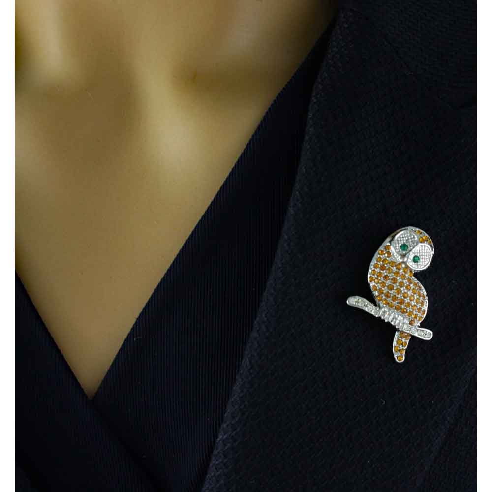 Gold Crystal Owl with Green Eyes Brooch Pin - PRB405T - Lilylin Designs