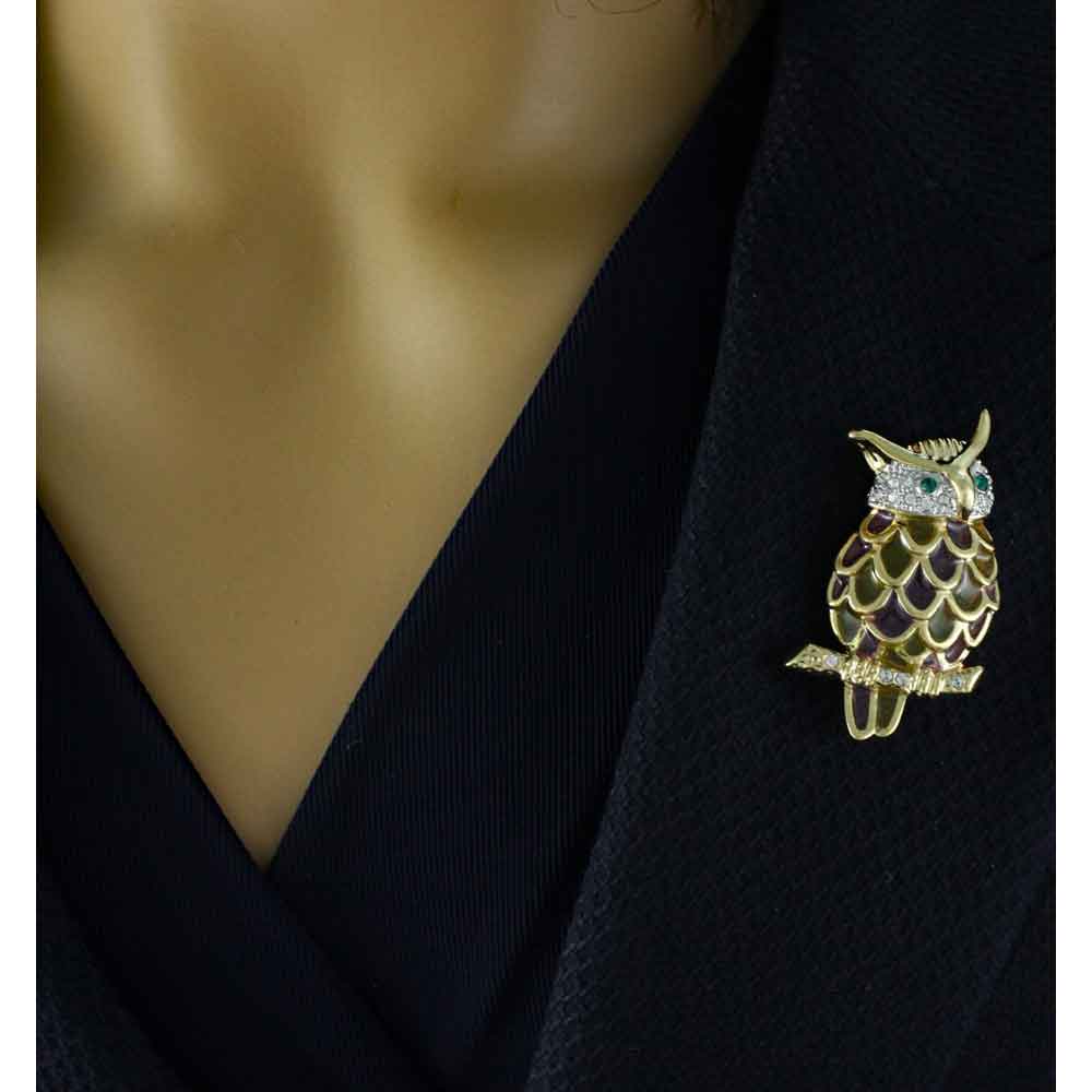 Pink and Yellow Stained Glass and Crystal Owl Pin - PRB407 - Lilylin Designs