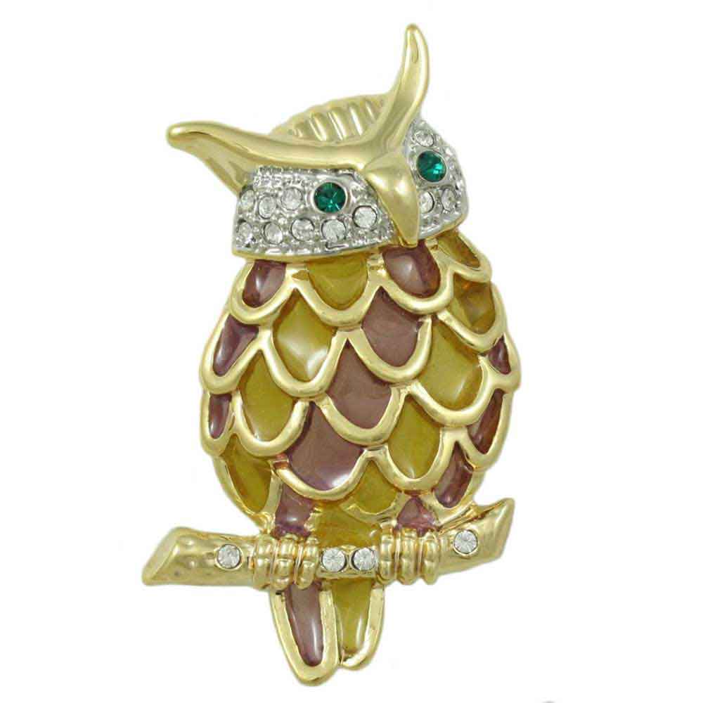Lilylin Designs Pink and Yellow Stained Glass and Crystal Owl Brooch Pin
