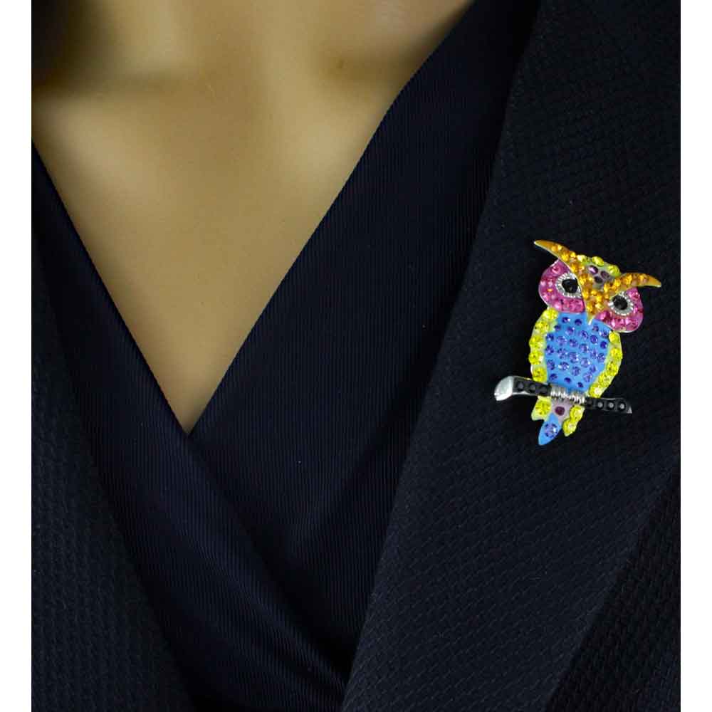 Yellow Pink and Blue Colorful Crystal Owl Pin - PRB510 - Lilylin Designs