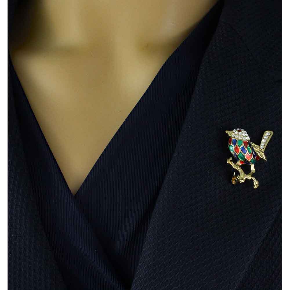 Colorful Enamel and Crystal Mockingbird Brooch Pin - PRB903 - Lilylin Designs