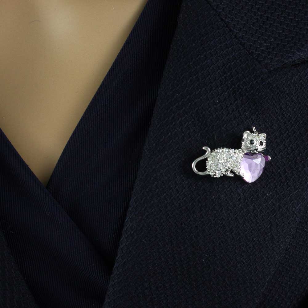 Crystal Cat with Large Purple Heart Brooch Pin - PRC012 - Lilylin Designs