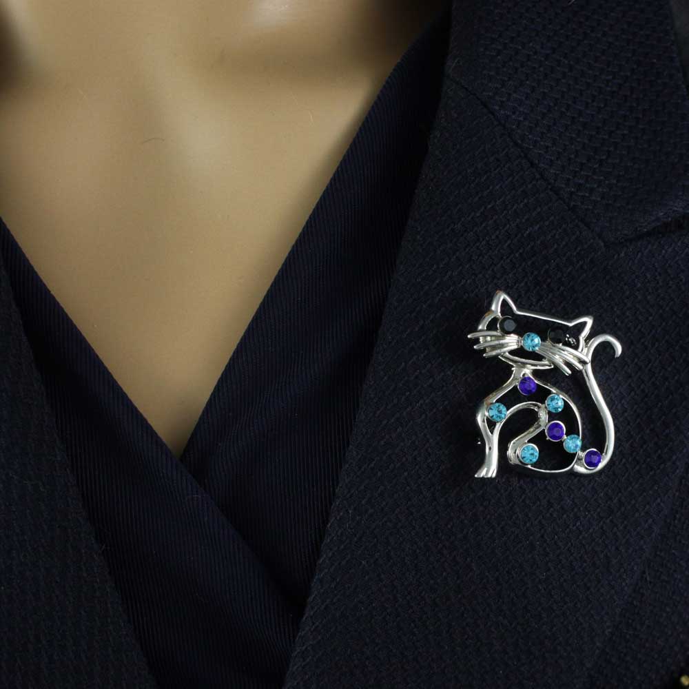 Blue Crystal Cat with Blue Nose Brooch Pin - PRC018A - Lilylin Designs