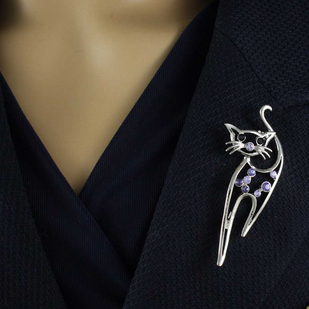 Purple Crystal Long Legged Cat Brooch Pin - PRC021 - Lilylin Designs
