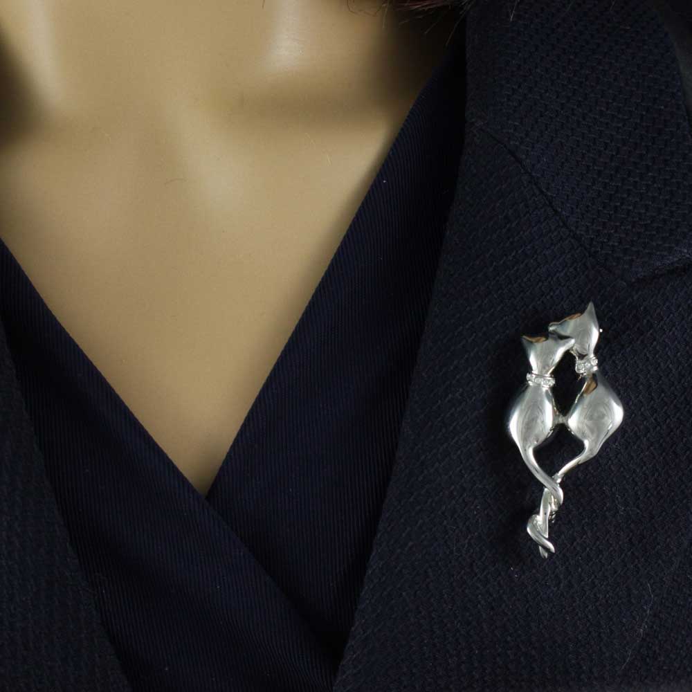 Silver Loving Cats with Entwined Tails Brooch Pin - PRC212 - Lilylin Designs