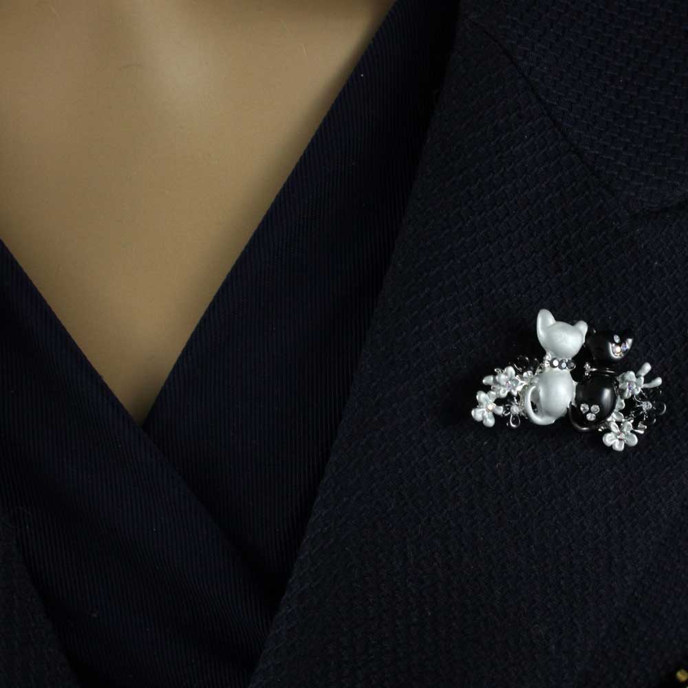 Black and Gray Enamel Cats in Flower Garden Brooch Pin - PRC303 - Lilylin Designs
