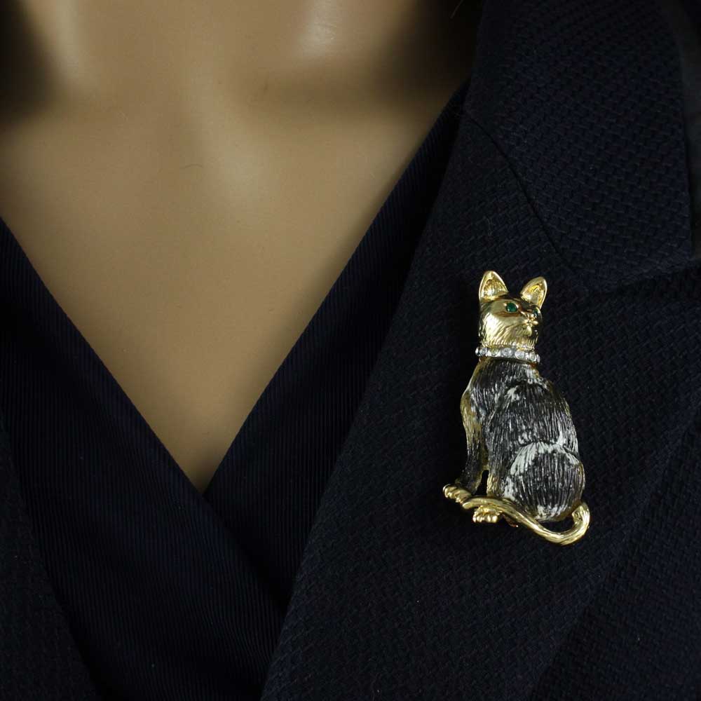 Black and White Cat with Crystal Collar Brooch Pin - PRC305 - Lilylin Designs