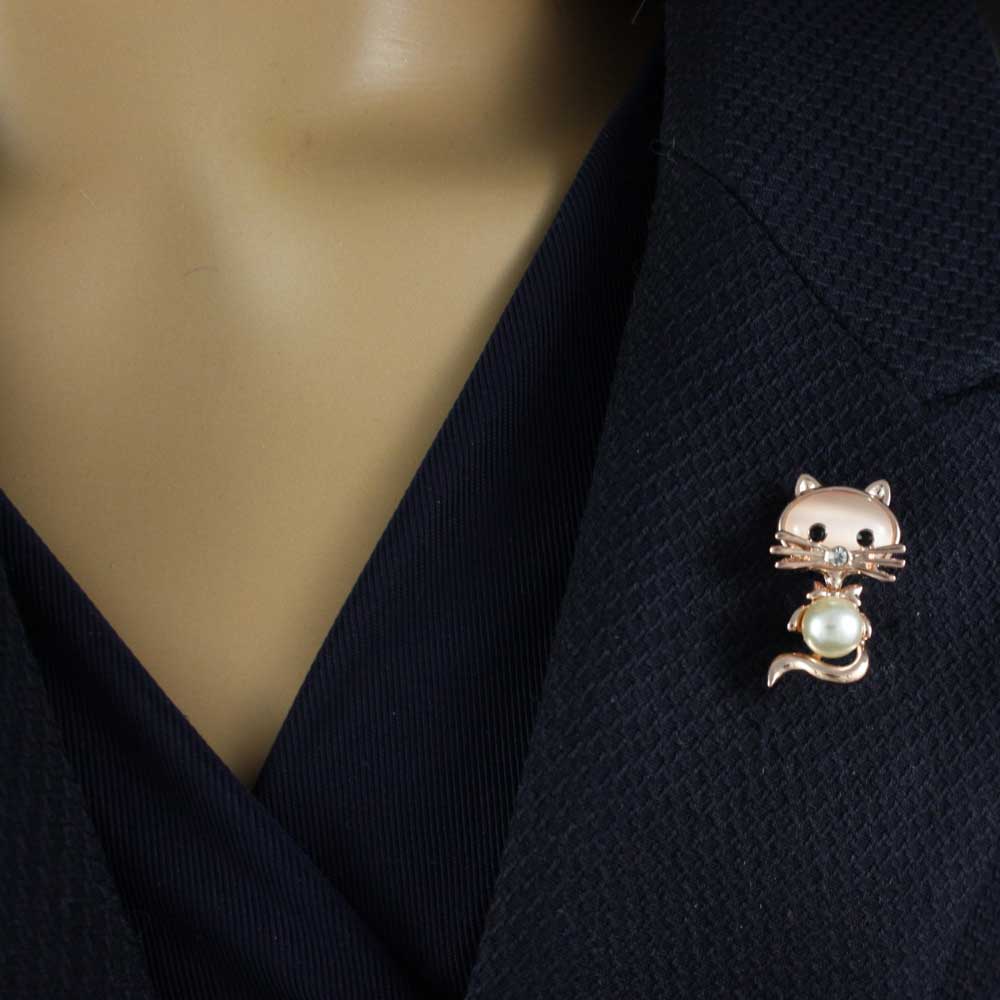 Rose Gold Pearl Belly and Pink Cats Eye Cat Brooch Pin - PRC401 - Lilylin Designs