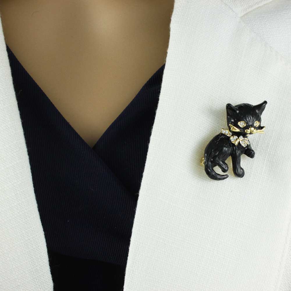 Black Matte Enamel Cat with Crystal Eyes and Bow Brooch Pin - PRC420 - Lilylin Designs