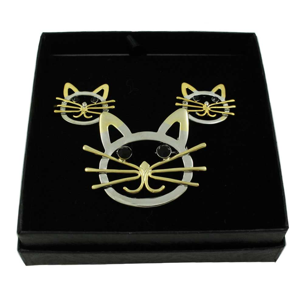 Silver and Gold Cute Cat Face Brooch Pin and Earring Gift Set - Lilylin Designs