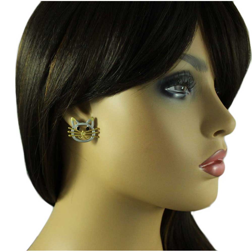 Silver and Gold Cat Head with Black Eyes Pierced Earring - PRC421E - Lilylin Designs