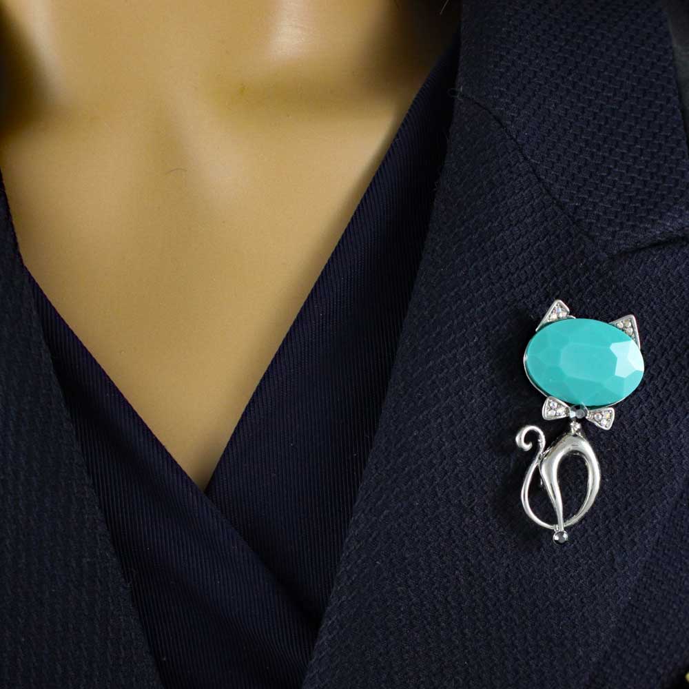 Cat with Large Blue Head and Crystal Bow Brooch Pin - PRC424 - Lilylin Designs