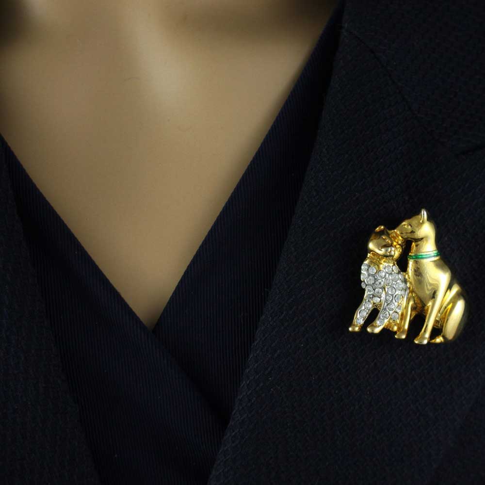 Gold and Clear Crystal Cat Lovers Brooch Pin - PRC520 - Lilylin Designs