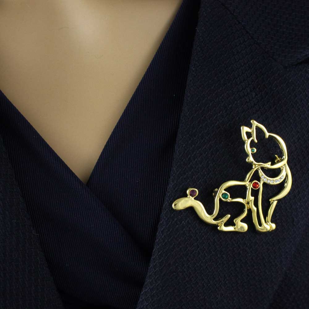 Gold and Crystal Cat with Ball on Tail Brooch Pin - PRC530 - Lilylin Designs