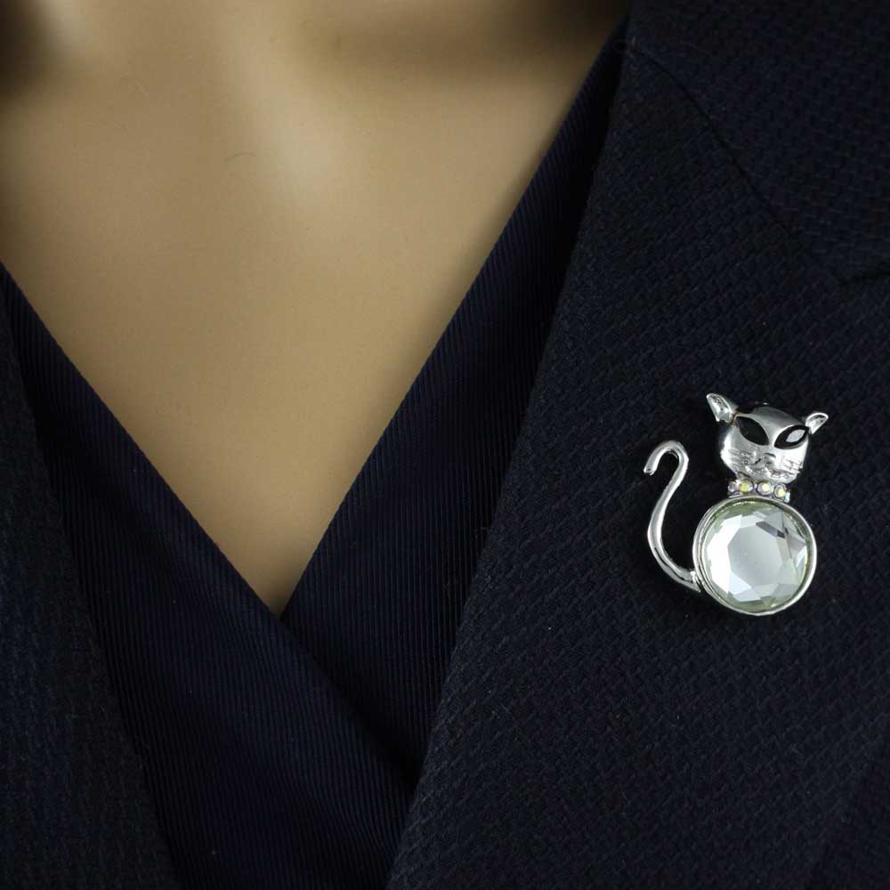 Cat with Large Mirror Belly and Black Eyes Brooch Pin - PRC710 - Lilylin Designs