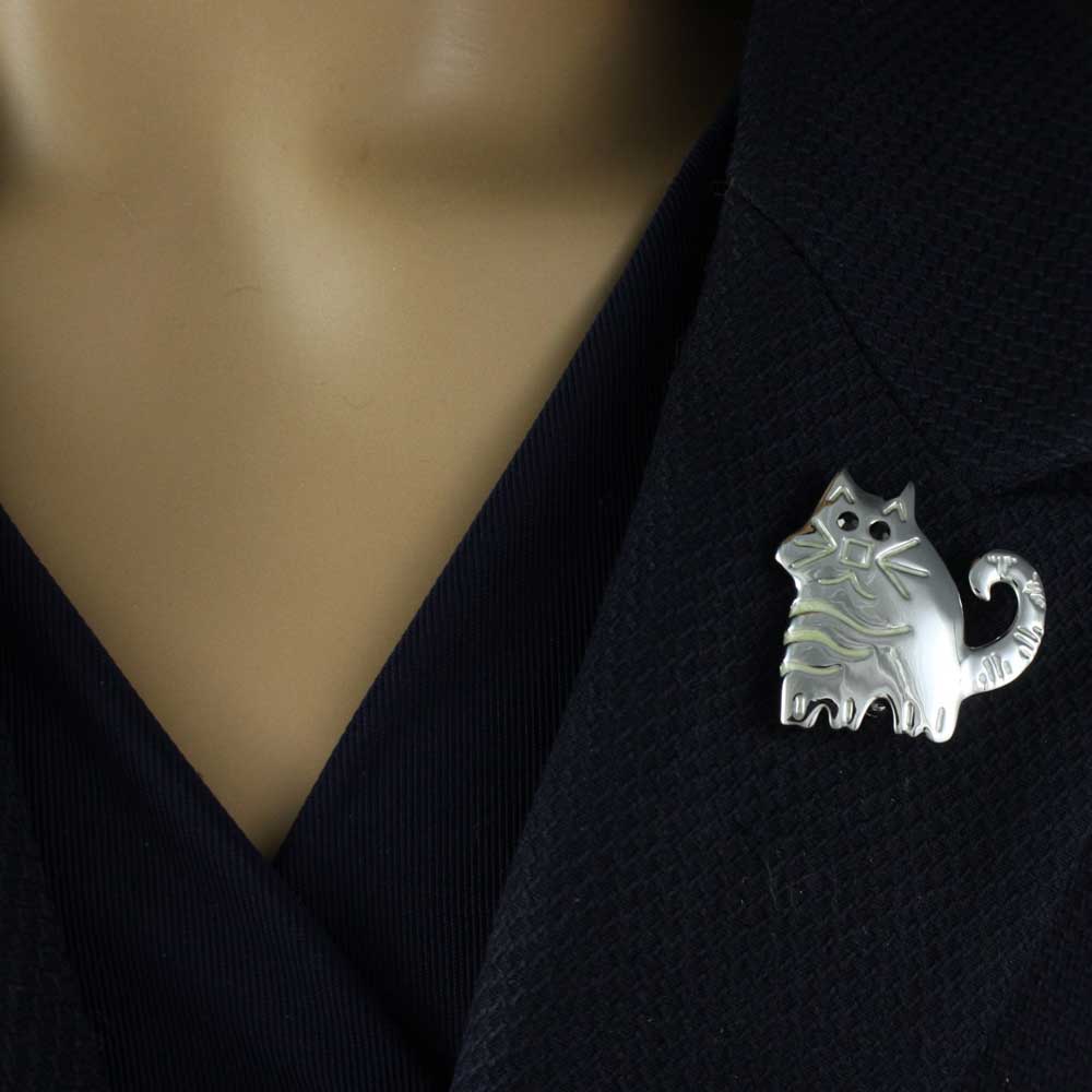 Silver Etched Fat Cat with Black Crystal Eyes Brooch Pin - PRC710A - Lilylin Designs