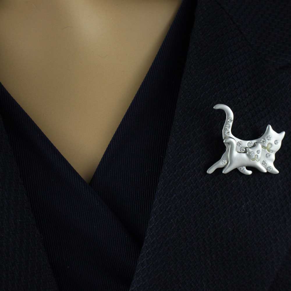 Matte Silver Mom and Baby Running Cats Brooch Pin - PRC710C - Lilylin Designs