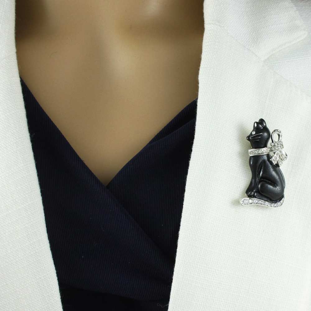 Black Cat with Large Silver - tone Crystal Bow Brooch Pin - PRC802 - Lilylin Designs