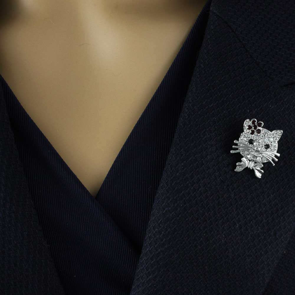 Small Crystal Cat Head with Red Flower Brooch Pin - PRC902 - Lilylin Designs