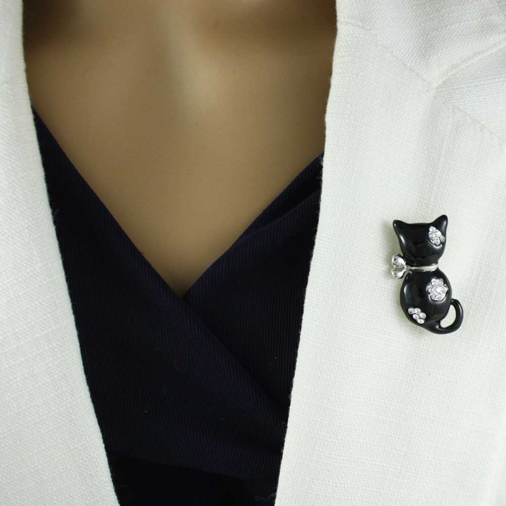Black Enamel Cat with Crystal Flowers Brooch Pin - PRC911 - Lilylin Designs