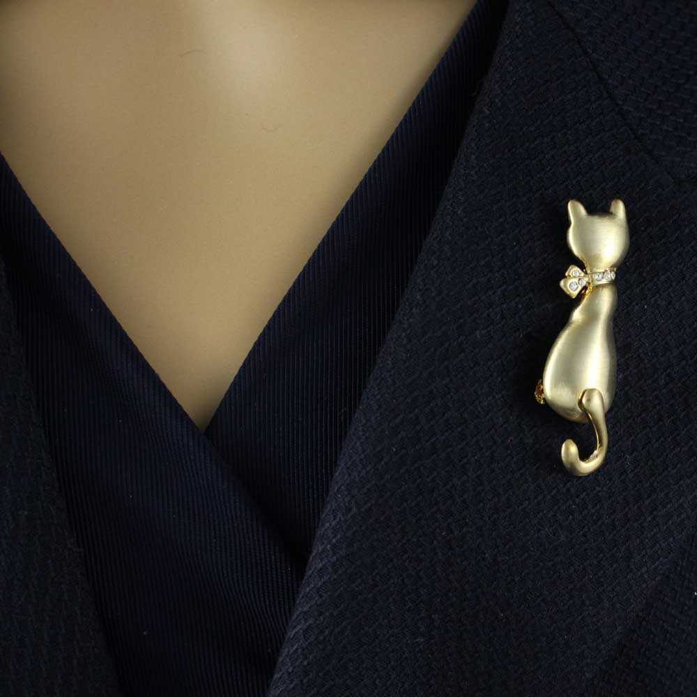 Matte Gold Cat with Crystal Bow and Moving Tail Brooch - PRC914 - Lilylin Designs