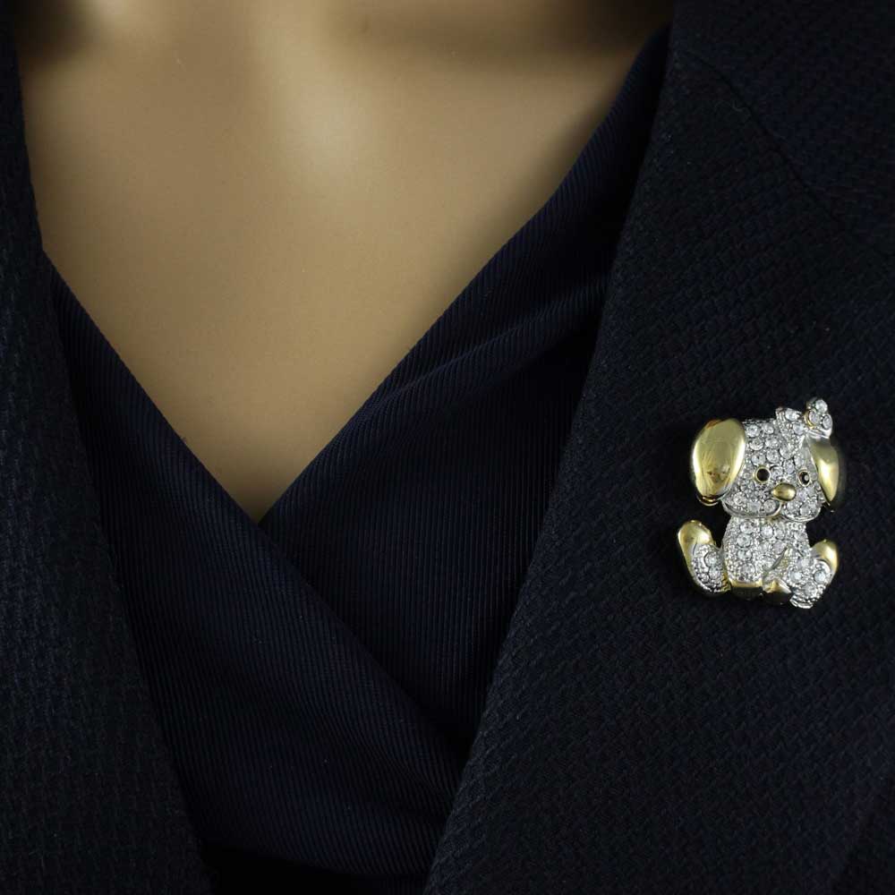Gold and Silver Crystal Cute Puppy Dog Brooch Pin - PRD105 - Lilylin Designs