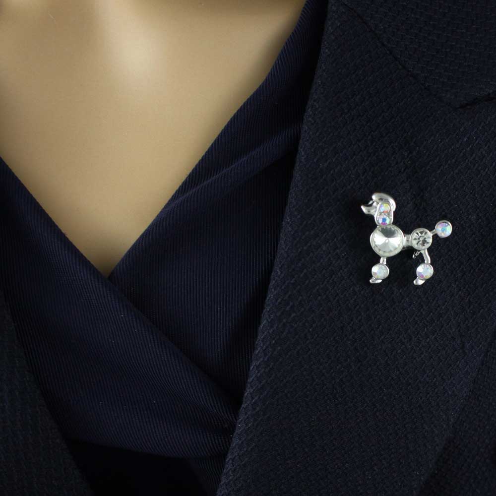 Small Silver Aurora Borealis Crystal Poodle Dog Brooch Pin - PRD405 - Lilylin Designs