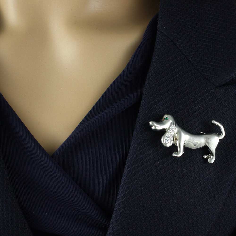 Silver Dachshund with Clear Crystal Ear Brooch Pin - PRD410 - Lilylin Designs