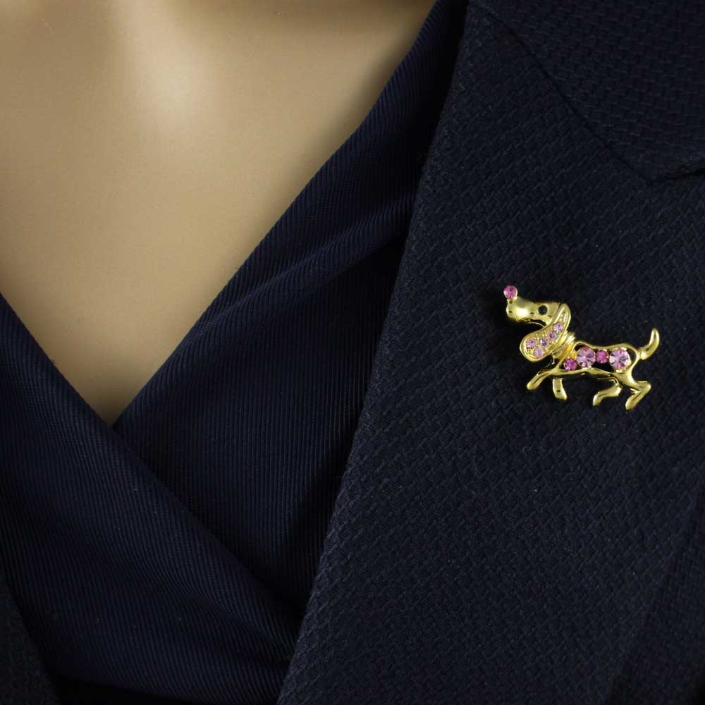 Gold with Pink Crystals Beagle Brooch Pin - PRD505 - Lilylin Designs