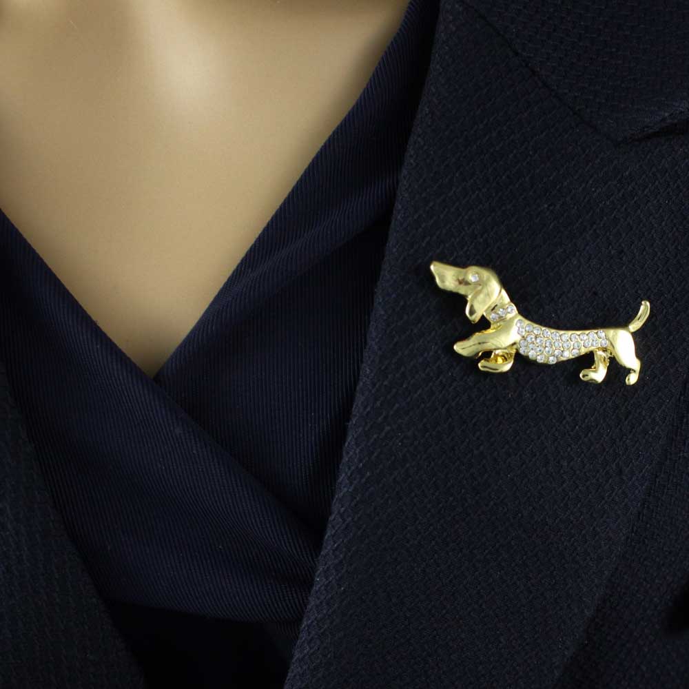 Gold with Crystals Dachshund Dog Brooch Pin - PRD714 - Lilylin Designs