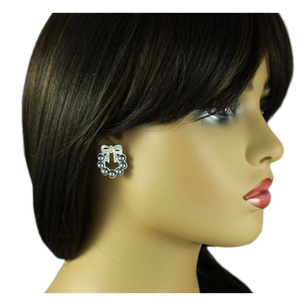 Gray Pearl Wreath with White Crystal Bow Pierced Earring - PRE004 - Lilylin Designs