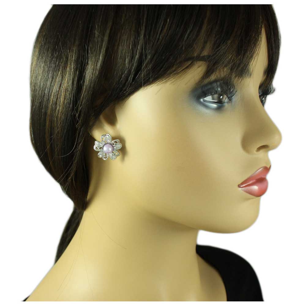 Crystal Flower with Purple Pearl Pierced Earring - PRE402 - Lilylin Designs
