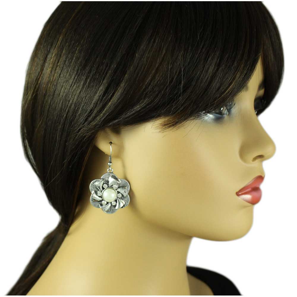 Flower with White Pearl and Crystal Dangling Earring - PRE501 - Lilylin Designs