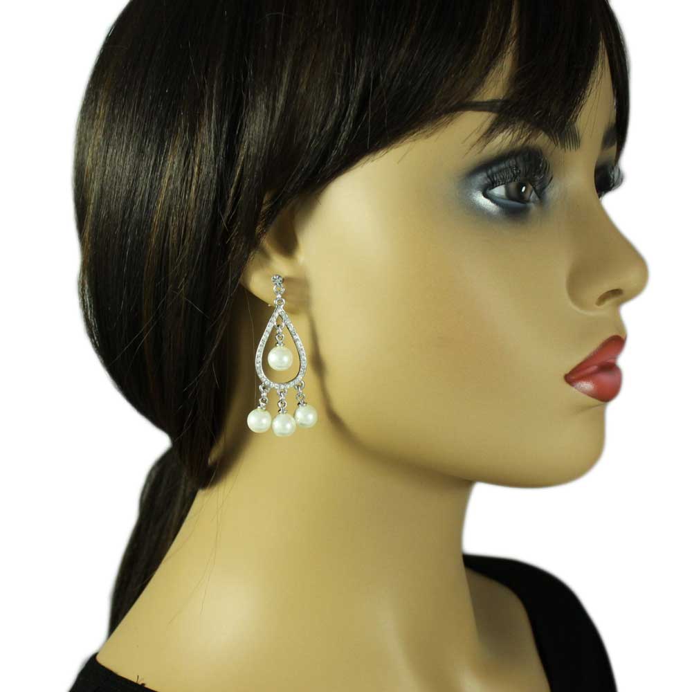 Crystal Teardrop with Dangling Pearl Balls Pierced Earring - PRE720 - Lilylin Designs